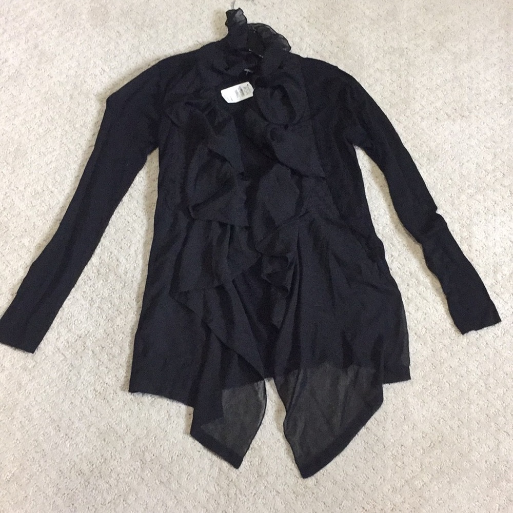 Neiman Marcus black cardigan with sheer accents